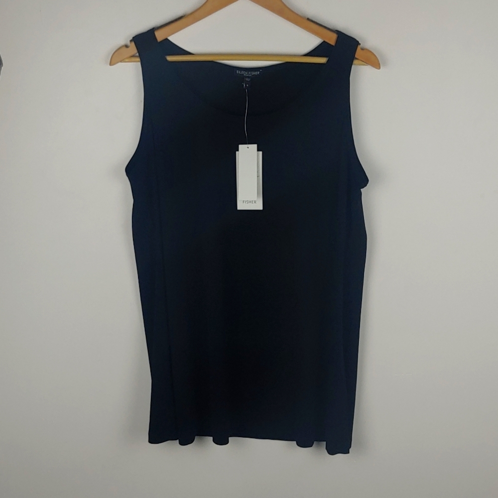 Eileen Fisher Stretch Silk Jersey Scoop Neck Long Tunic 100% Silk Black NWT